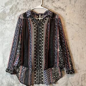 Free People Blouse Moonlight‎ Mile Boho Shirt Black Sheer Chiffon Floral Size XS